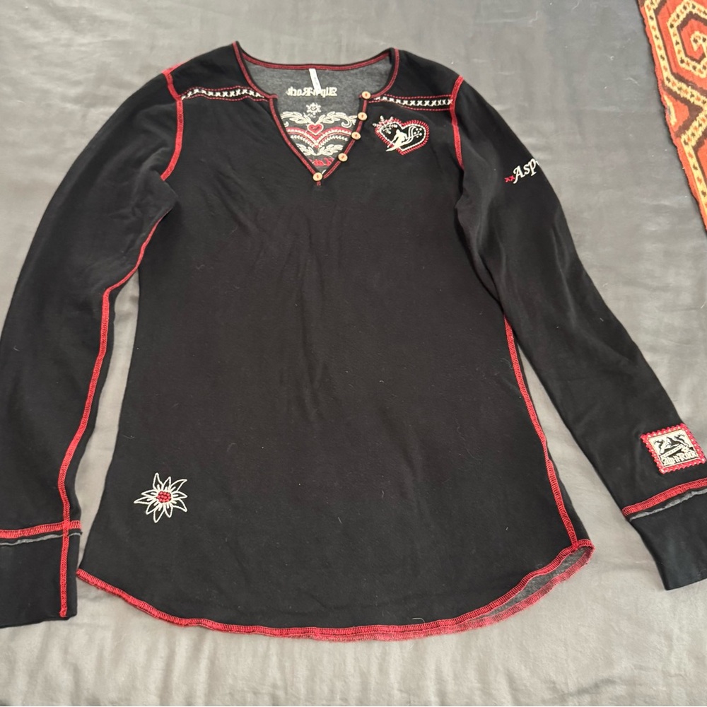 Alp N Rock Black Embroidered Top Long Sleeve Tee with Red Trim.